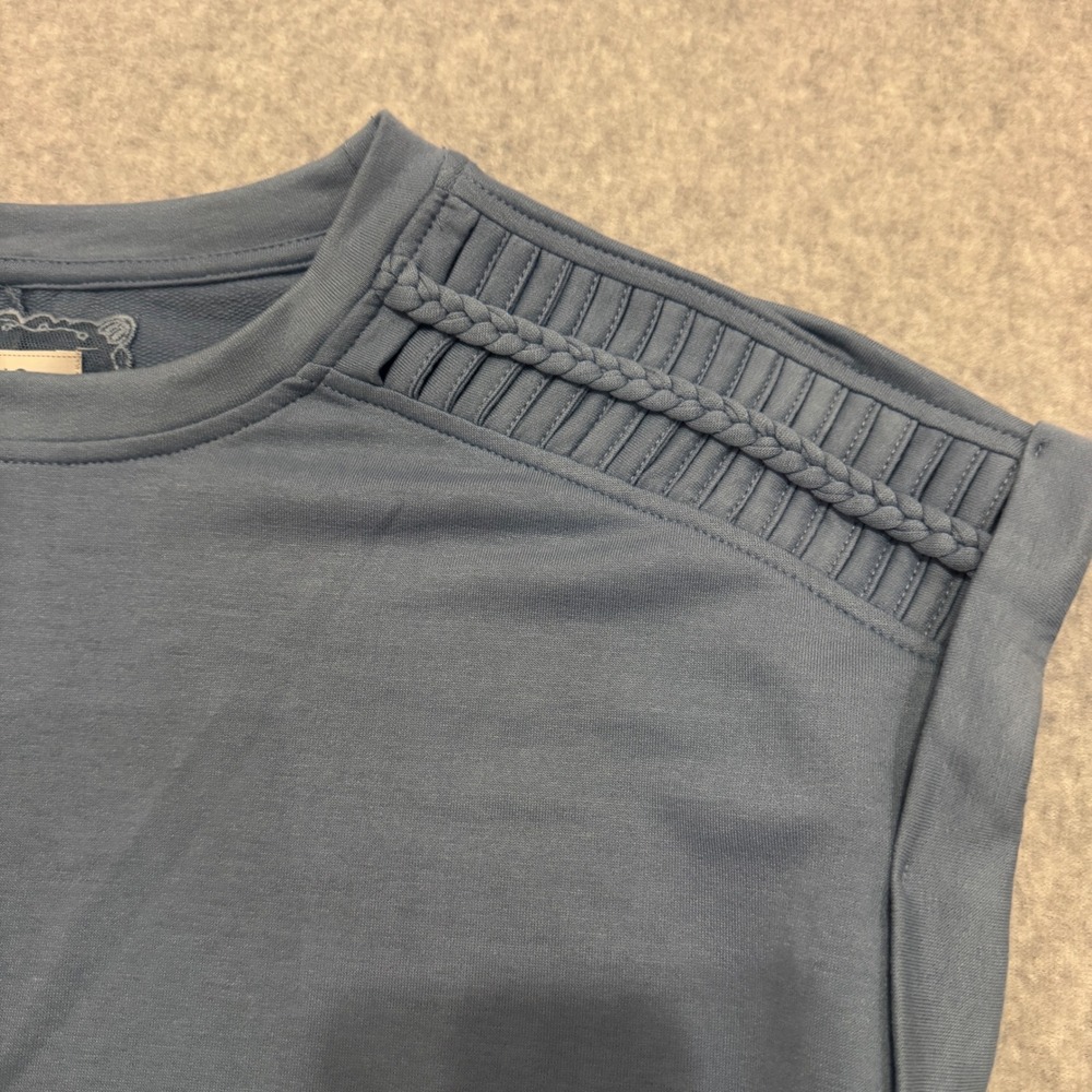 Cupio Womens Faded Denim Blue Braided Shoulder High Low Knit Top S NEW - Picture 2 of 9